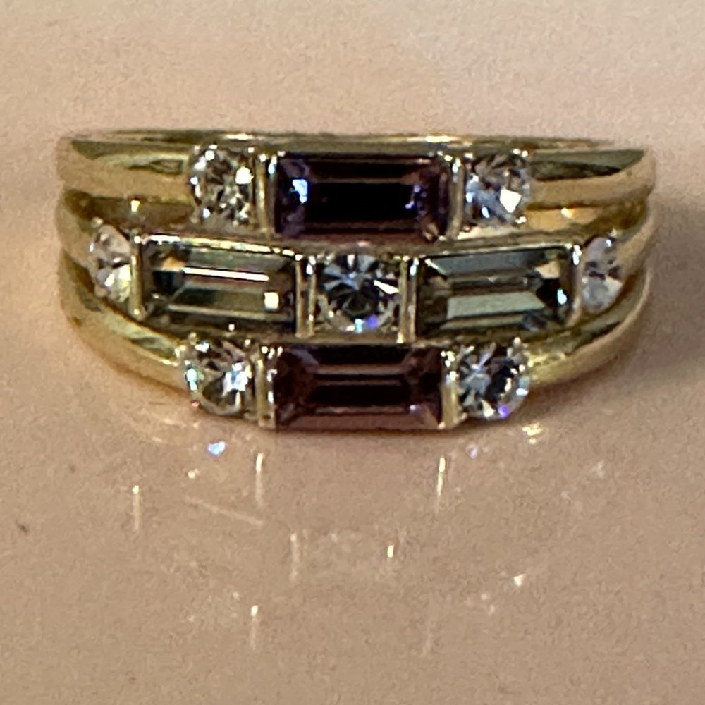Three Row Gold-Tone Crystal Baguette Ring Purple/Green Size 7